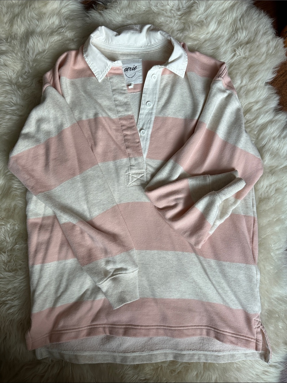 aerie Blush Pink & Cream Striped Rugby Pullover